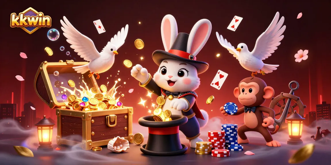 Experience thrilling gameplay at kkwin with a magician rabbit and friends in this vibrant casino scene.