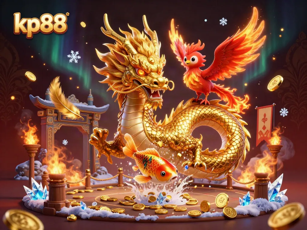 Experience thrilling gameplay at kp88 with a vibrant scene featuring dragon, phoenix, and koi surrounded by casino elements.