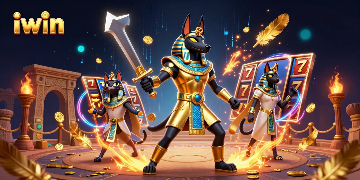 Experience iwin with vibrant slot gameplay featuring Anubis and Bastet in an ancient casino arena.