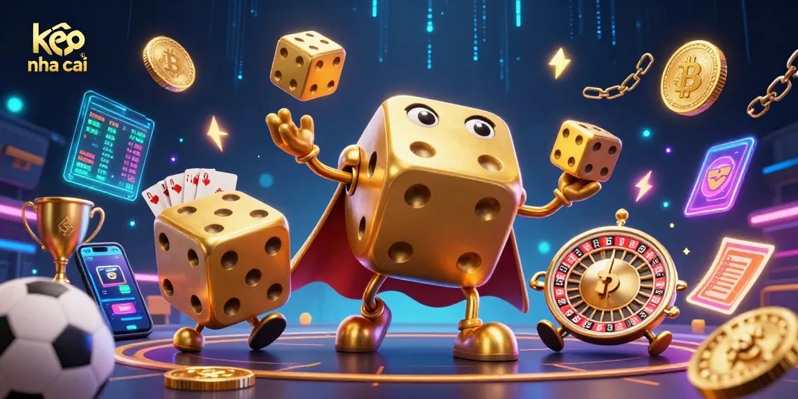 Engage with keo nha cai while enjoying a dynamic scene of sports betting excitement with golden dice and neon coins.