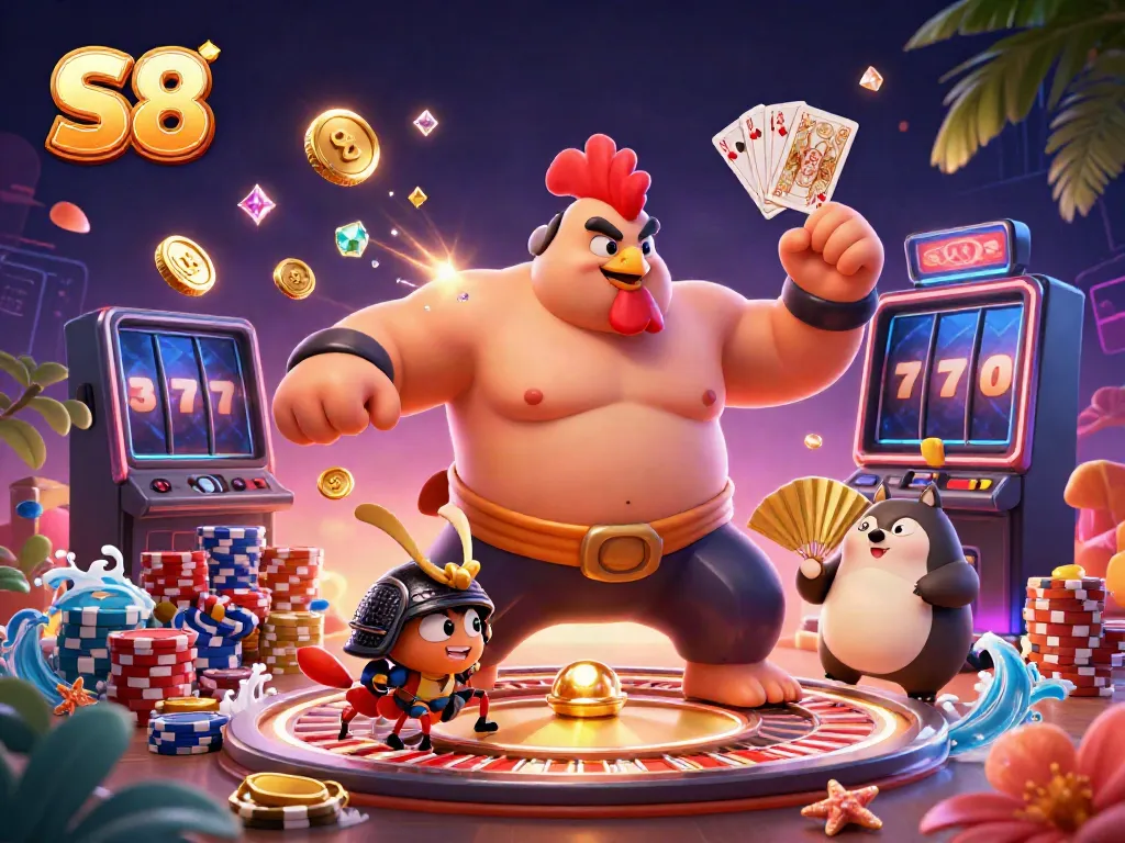 S8 showcases a powerful sumo wrestler embracing a dynamic casino scene with gold coins and vibrant game elements.