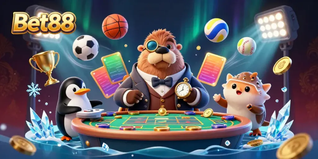 Bet88 sports betting scene with a walrus, penguin dealer, and bluffing pufferfish.