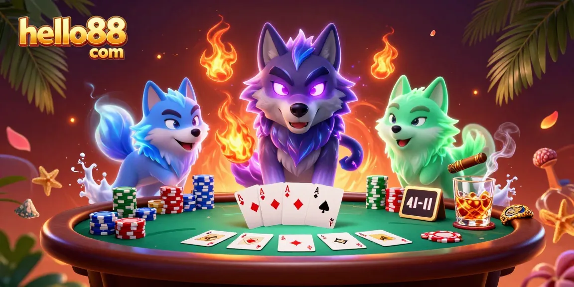 Experience gambling excitement at hello88 com with a dynamic poker scene featuring shadowy wolves and vibrant gaming elements.
