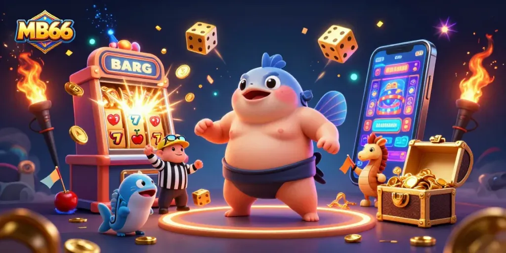 Engage with MB66's vibrant slot gaming scene featuring dynamic characters and exciting casino elements.