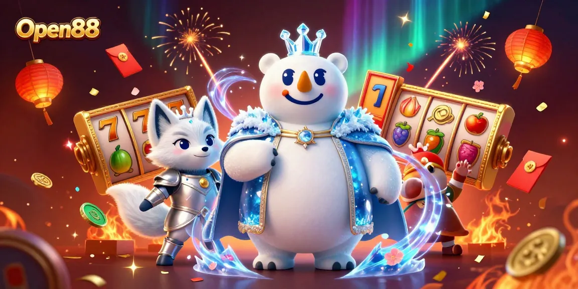 Engage with Open88’s thrilling 3D casino adventure featuring vibrant slot reels and characters in action.