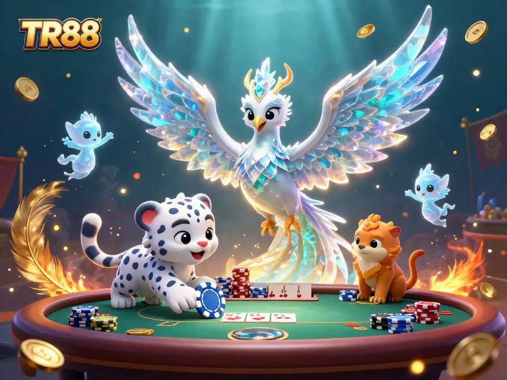 Engage in thrilling poker gameplay with TR88, featuring an ice phoenix, a snow leopard, and vibrant casino elements.