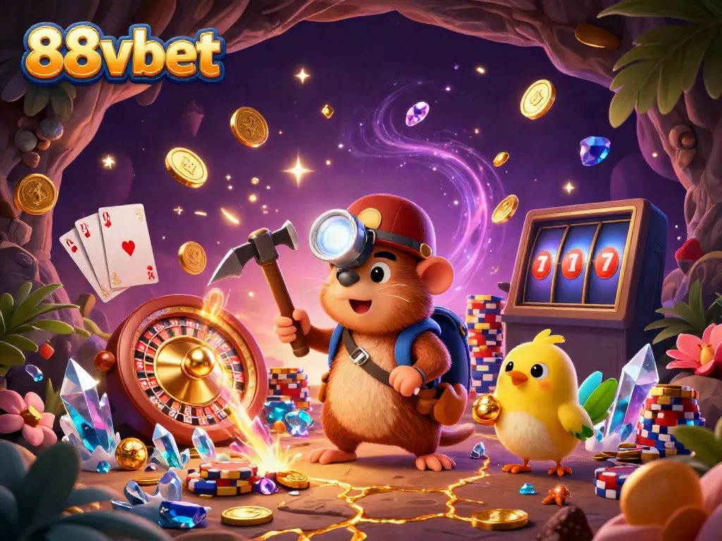 Engage with the thrilling world of 88vbet through a vibrant treasure hunt scene filled with glorious winnings and dynamic casino elements.