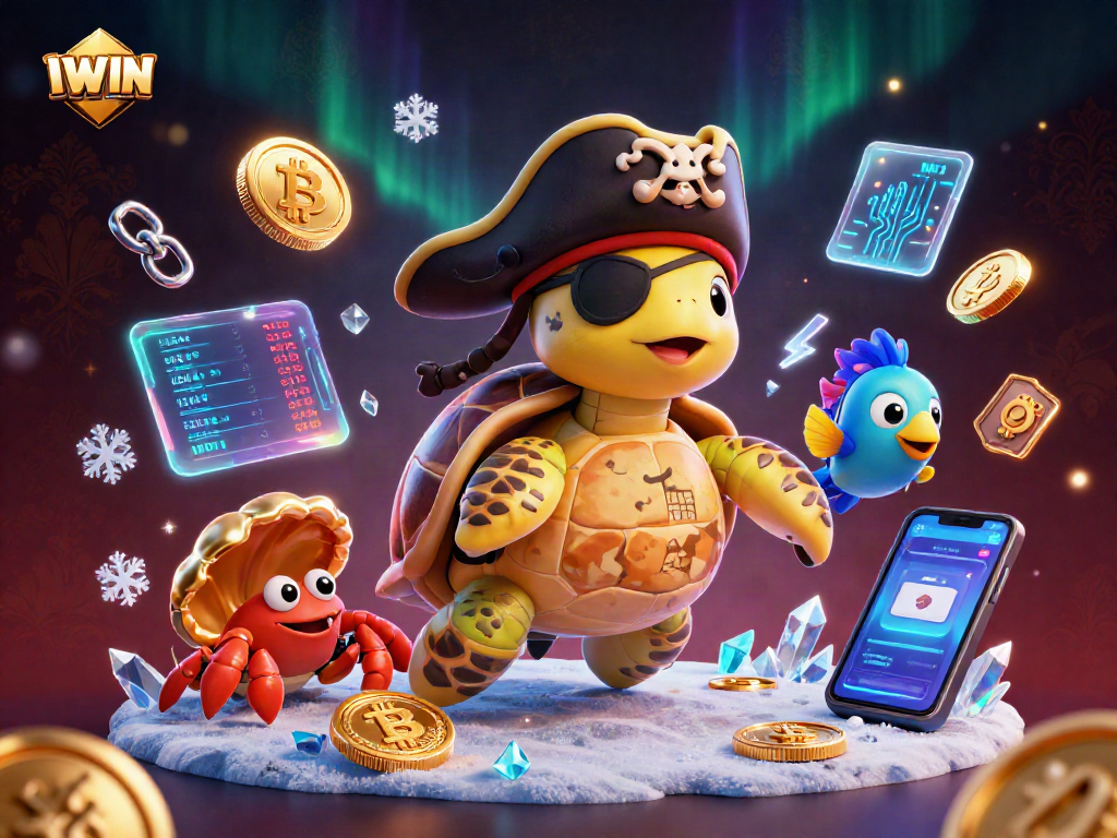 IWIN showcases a colorful 3D scene with a pirate turtle, hermit crab, and parrotfish above sunken treasure.
