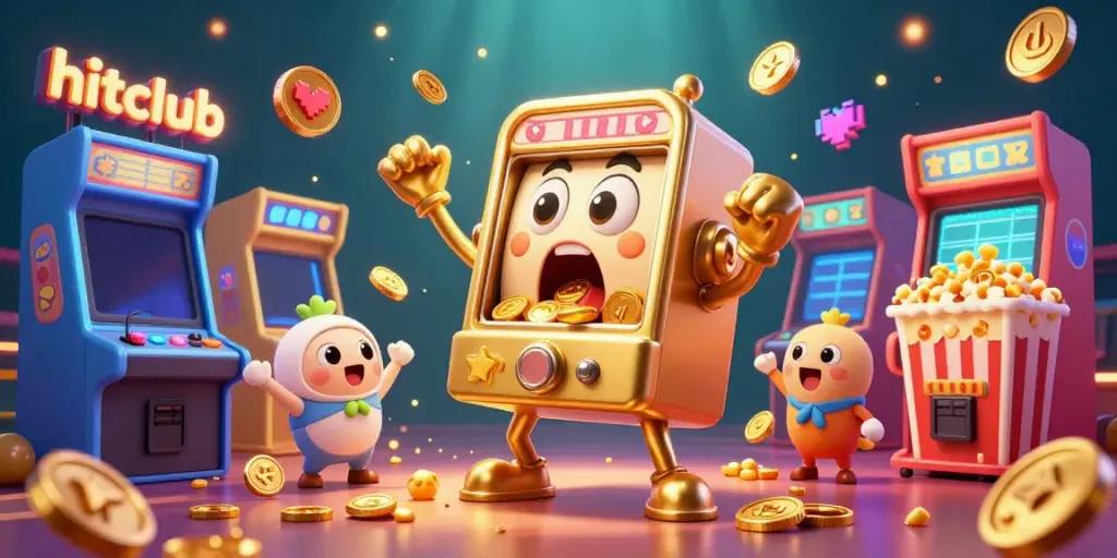 Hitclub showcases a golden slot machine celebrating a jackpot amidst colorful arcade elements, capturing casino excitement.