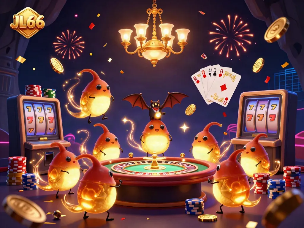 JL66 casino illuminated by glowworms, featuring vibrant golden coins and a bat dealer, showcasing festive energy.