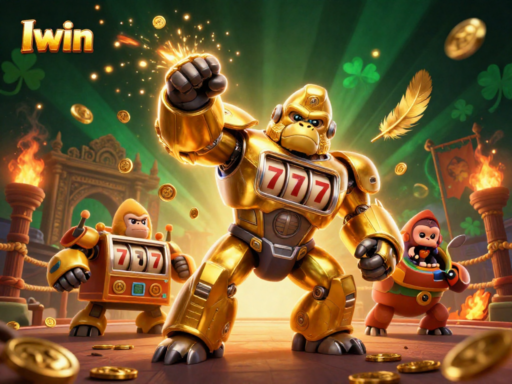 Iwin's golden gorilla mech unleashing coins amidst a vibrant casino battleground