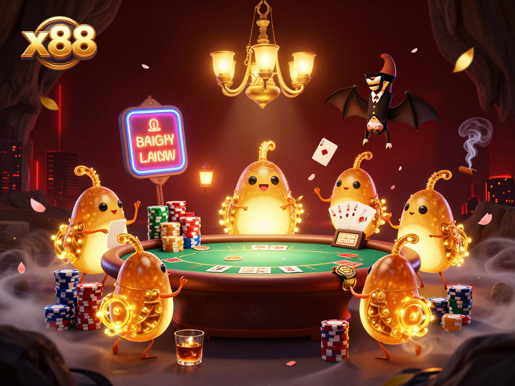 Experience the vibrant x88 casino scene illuminated by glowworms and rich poker elements.