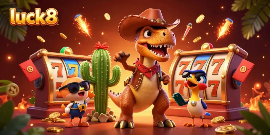 Experience winning at luck8 with a dynamic scene of a cowboy dinosaur and vibrant slot reels.