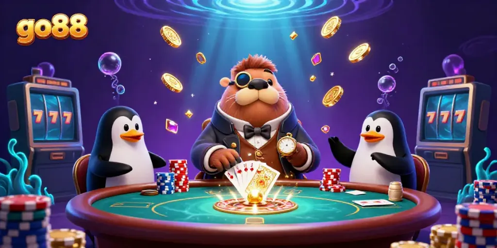 Win big at go88 with a jolly walrus and friends playing poker underwater, surrounded by shimmering coins and game elements.