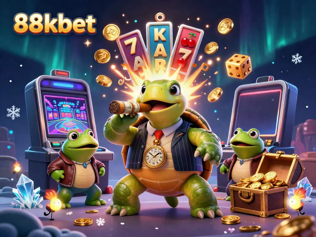 Experience fun casino gaming with 88kbet's giant turtle and frog enforcers in a lively 3D illustration.