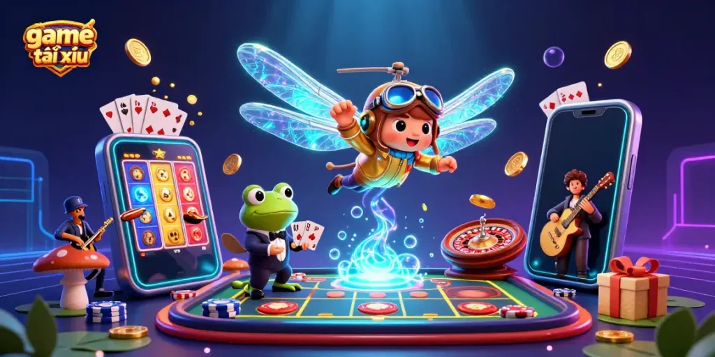 Engage in the vibrant game tài xỉu with a dragonfly pilot and frog dealer in a packed casino scene.