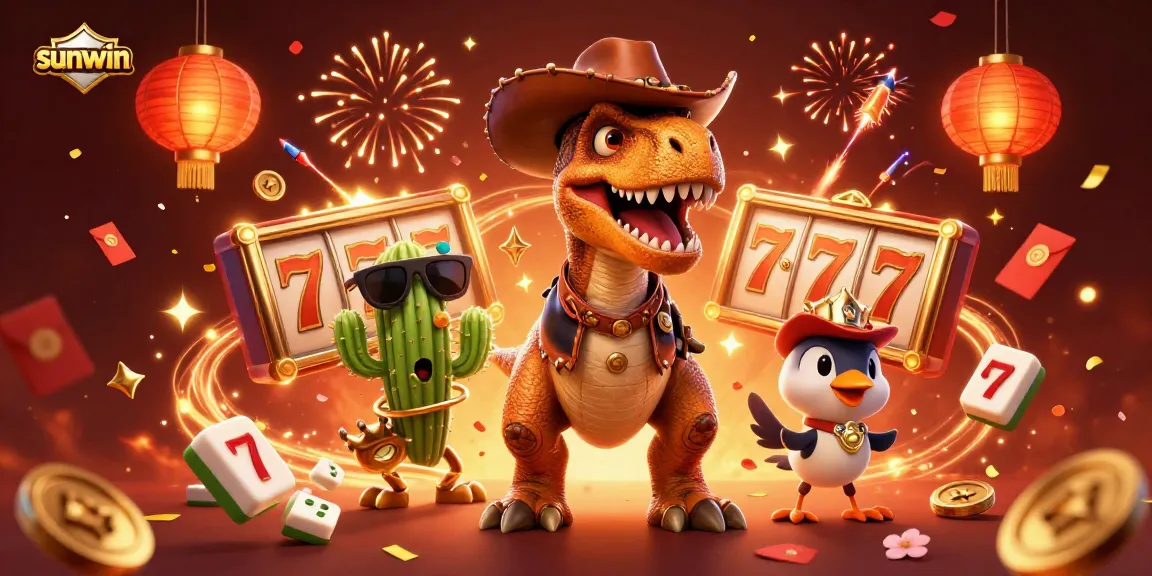 Engage with the vibrant sunwin casino experience featuring a T-Rex cowboy and festive elements.