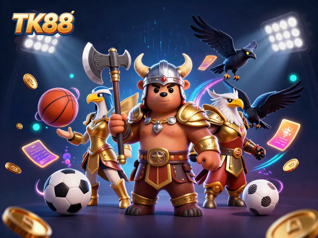 Experience thrilling gameplay with TK88, featuring a Viking bear and Valkyrie amidst sports betting excitement.