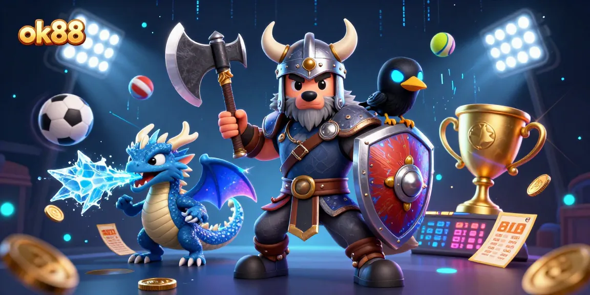 Engage in dynamic sports betting excitement with ok88's cartoon Viking, dragon, and raven.