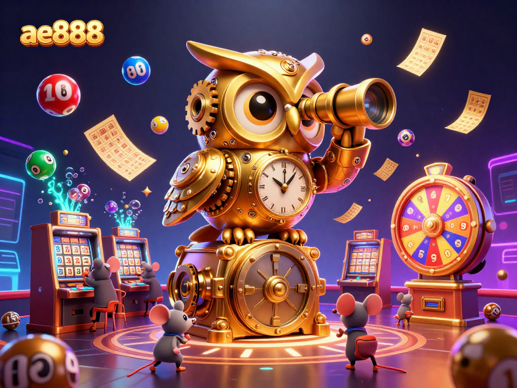 Engage with ae888's thrilling casino experience featuring a vibrant golden owl and animated lottery elements.