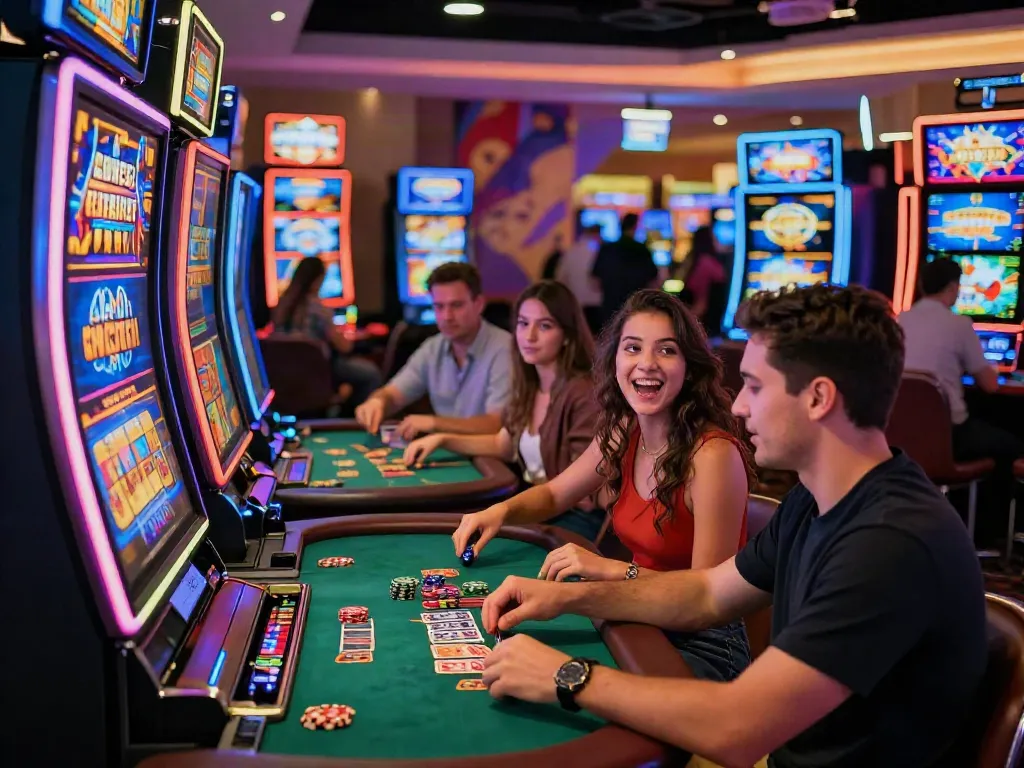 Players enjoying the thrill of top rated credit card casinos, experiencing lively gaming activities and vibrant atmosphere.