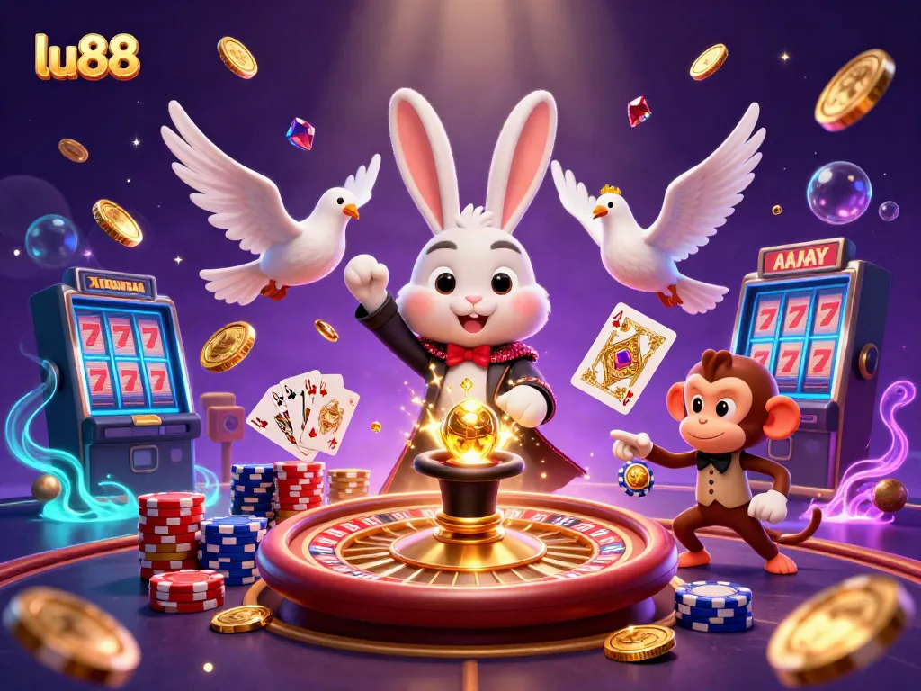 Experience thrilling luck with lu88 as a magician rabbit juggles coins in a vibrant casino scene.