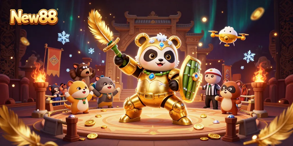 Experience thrilling action at New88 with a vibrant 3D illustration of a panda piloting a robot in a lively arena.