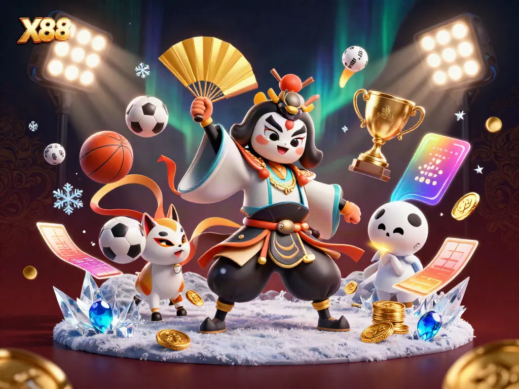 Experience the excitement of X88 with a kabuki warrior, kitsune mask, and dynamic sports elements.