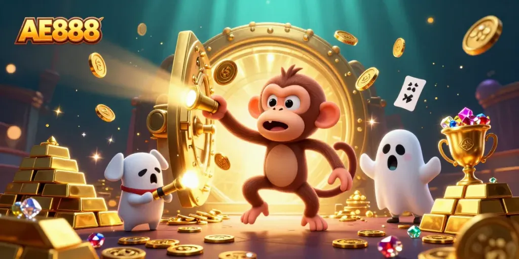 Experience the thrilling energy of AE888 casino with characters juggled amidst gold treasures in an engaging scene.