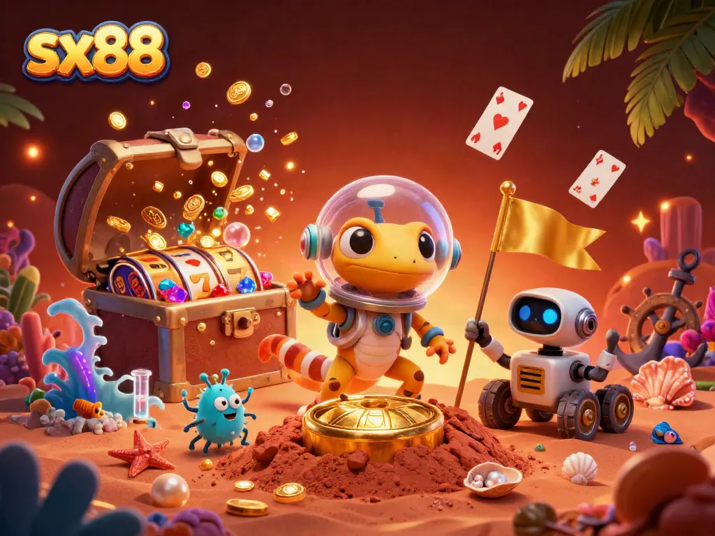 Engage in thrilling gaming at the sx88 casino, where 3D alien characters celebrate among riches.