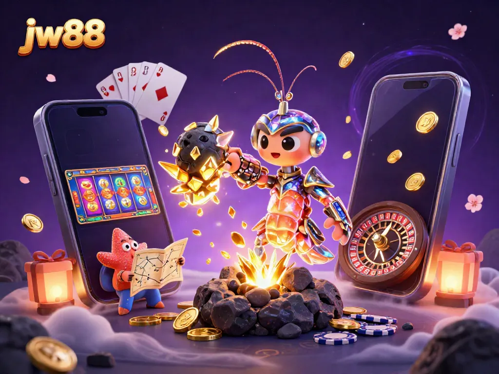 Experience the thrill of jw88 with a galactic mantis shrimp amidst golden treasures and dynamic casino elements