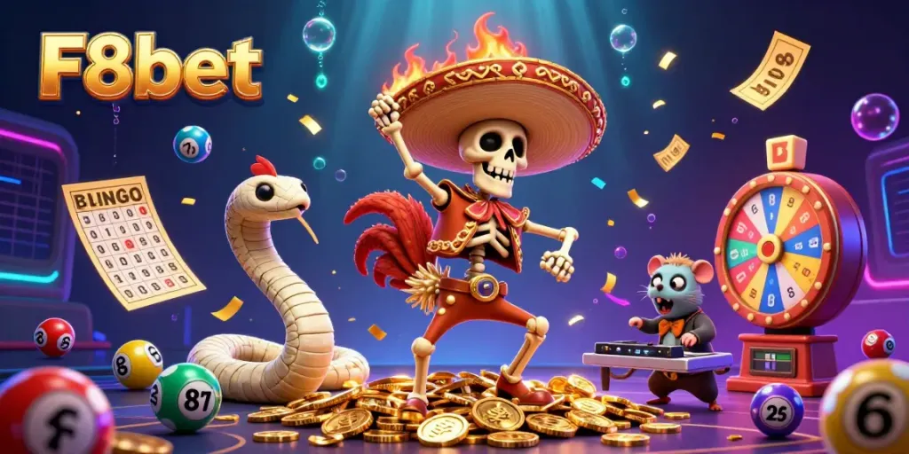 Experience the thrill of F8bet in this vibrant digital illustration featuring animated characters and casino elements.