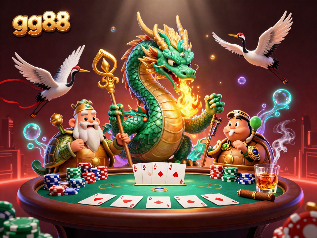 Engage in thrilling gameplay at gg88 with a vibrant casino scene featuring dragons and poker tables.