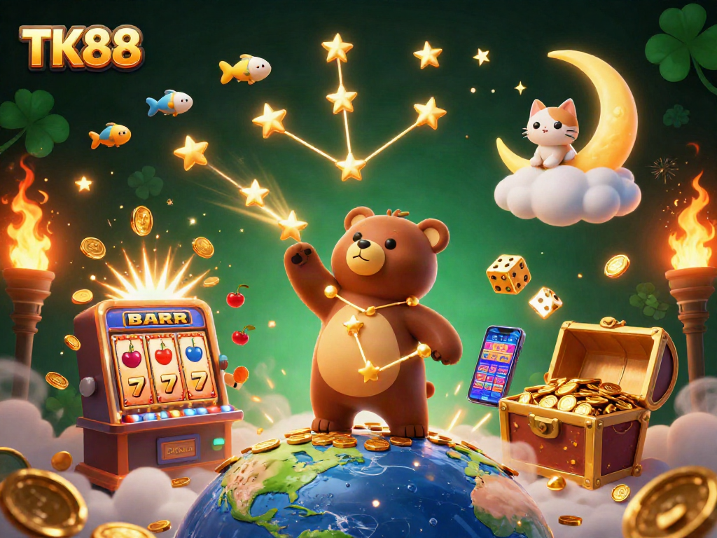 Experience excitement with TK88, showcasing a vibrant 3D casino scene filled with winning slots and colorful characters.