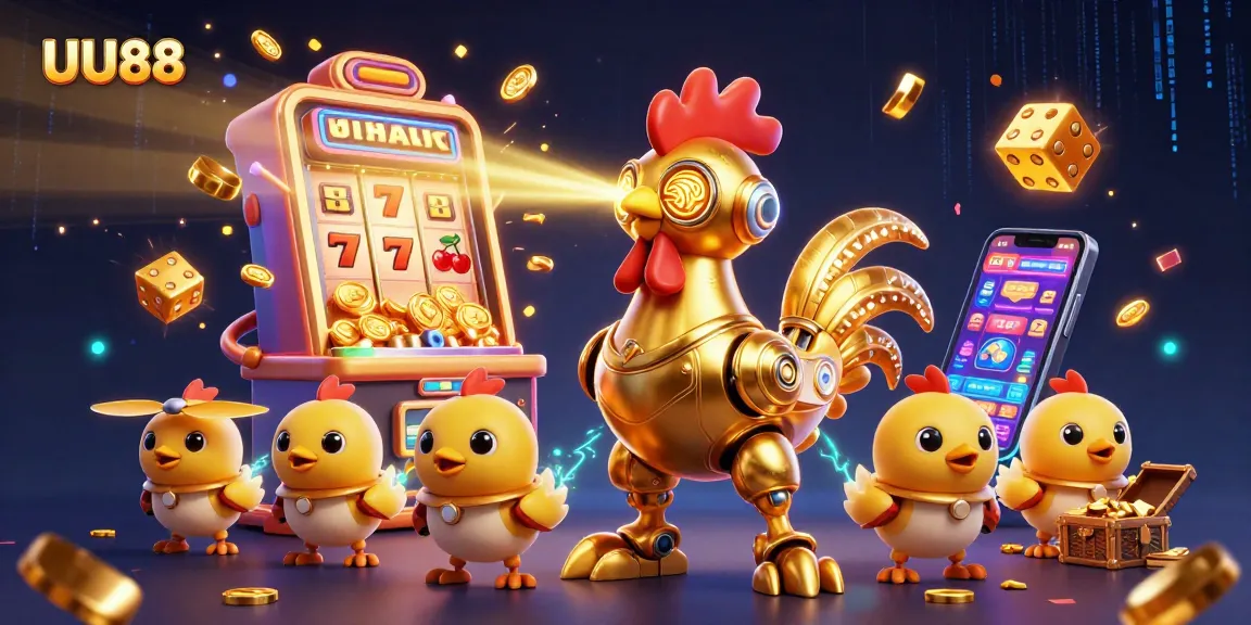 Enjoy thrilling slot gameplay with UU88 as golden rooster robot and baby chicks engage in vibrant casino action.