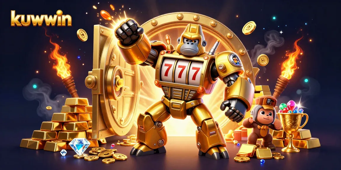 kuwwin showcases an explosive 3D casino scene with a golden mech, coins, and rich treasures.
