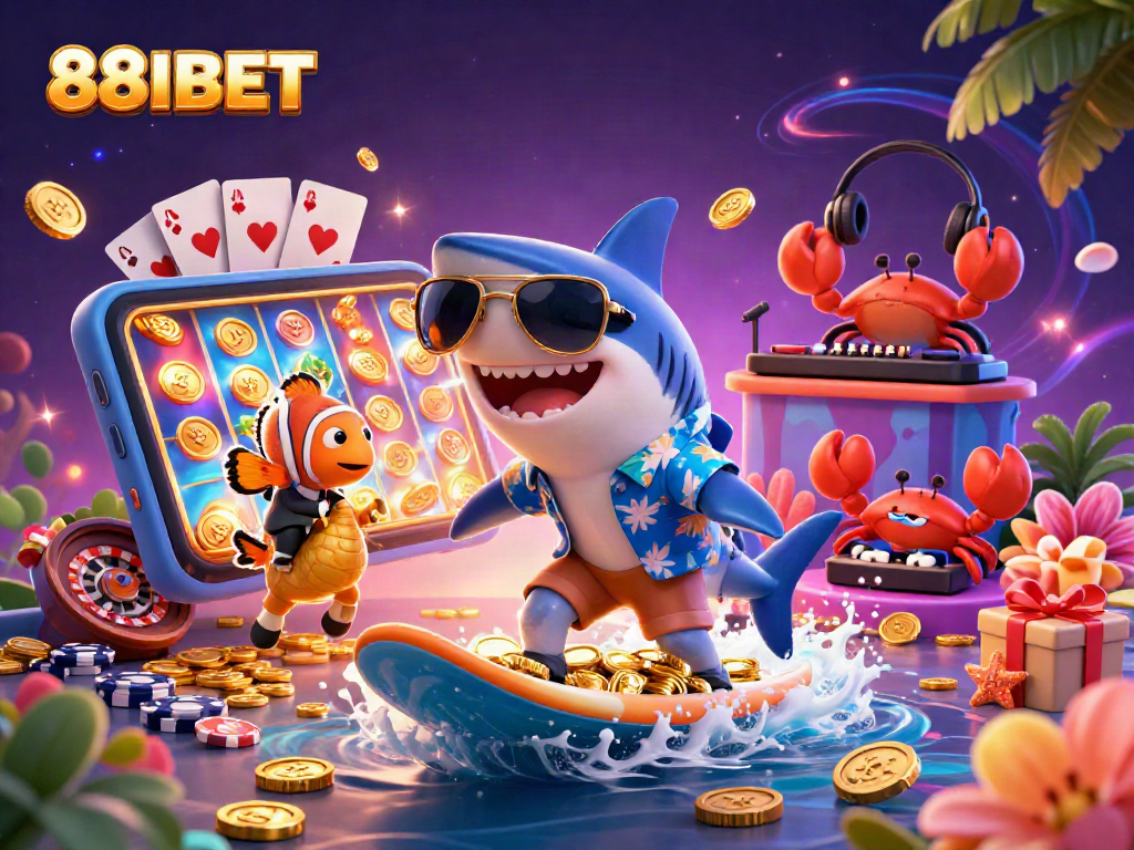 Engage with thrilling moments at 88IBET as a shark surfs gold coins amidst vibrant casino games.