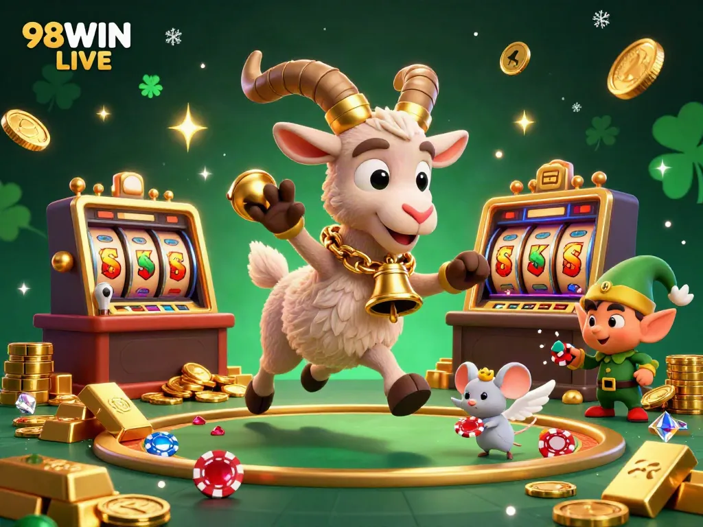 Join the action at 98WIN LIVE with a festive 3D casino illustration showcasing dynamic gaming elements and characters.