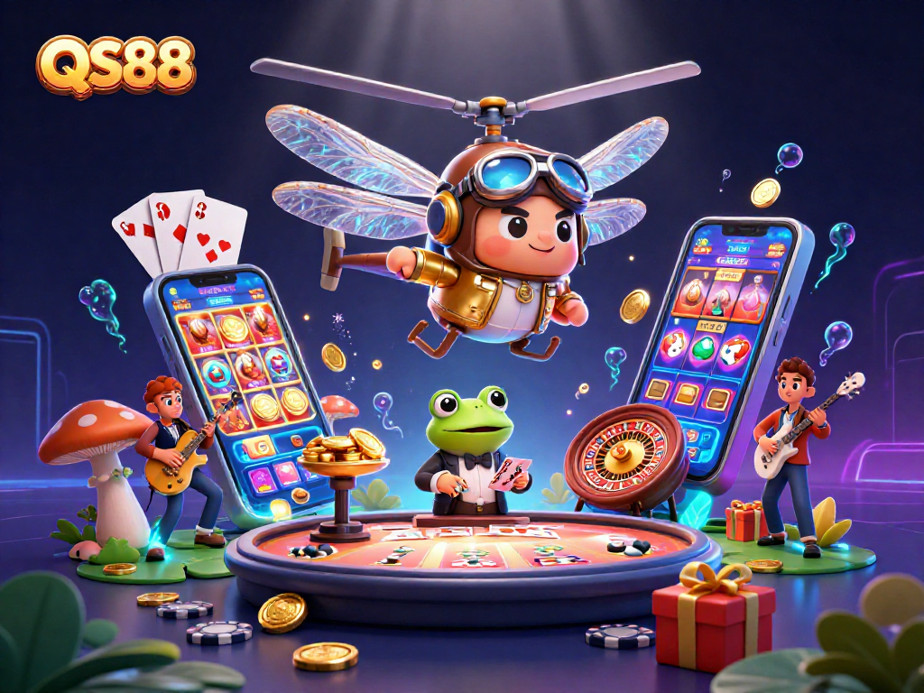 Experience the thrilling games at QS88 with a vibrant casino scene featuring lively characters and dynamic gameplay.