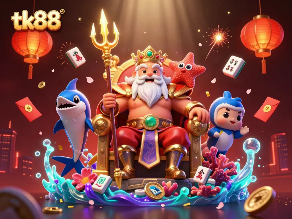 Engage in thrilling gameplay with tk88 at a vibrant underwater casino scene featuring sea king Neptune.