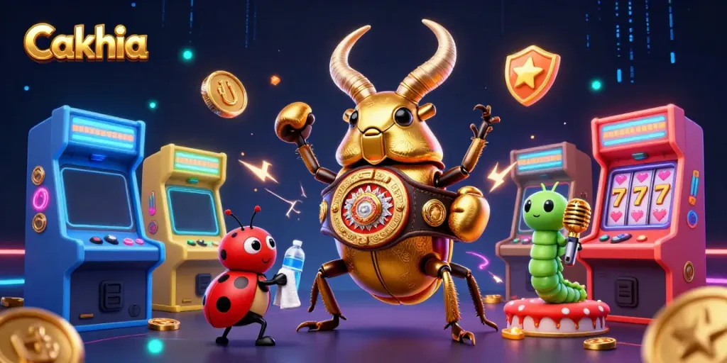 Cakhia features a vibrant illustration of a golden stag beetle in a boxing match with casino elements.