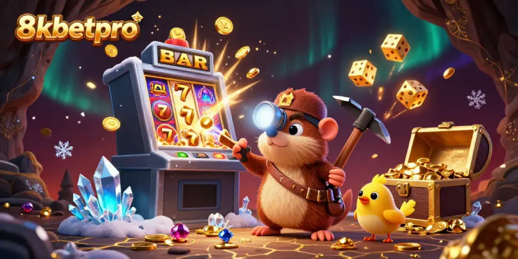 8xbetpro showcases a lively casino scene with vibrant characters, slots, and treasures.