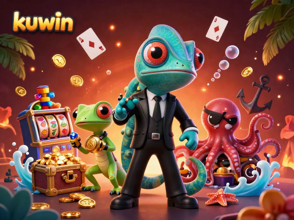 Engage with kuwin's colorful casino adventure featuring slot machines, treasure, and vibrant characters.