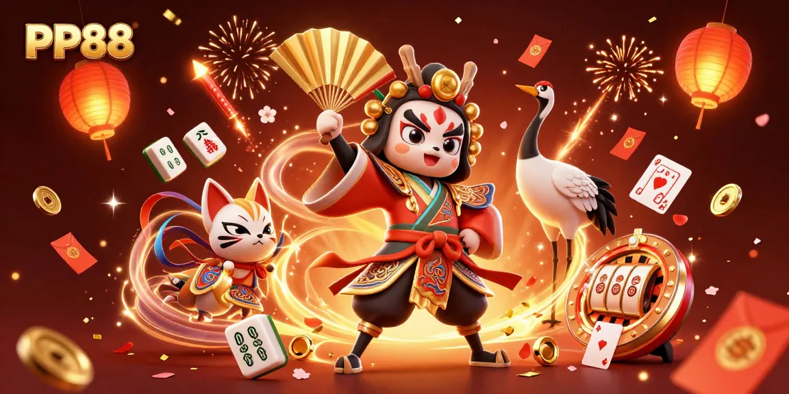 Experience the thrilling games of PP88 with a kabuki warrior and kitsune mask in a vibrant casino scene.