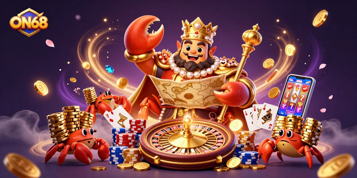 Experience ON68 with a vibrant 3D casino scene featuring a golden crab emperor ruling over cascading treasures.