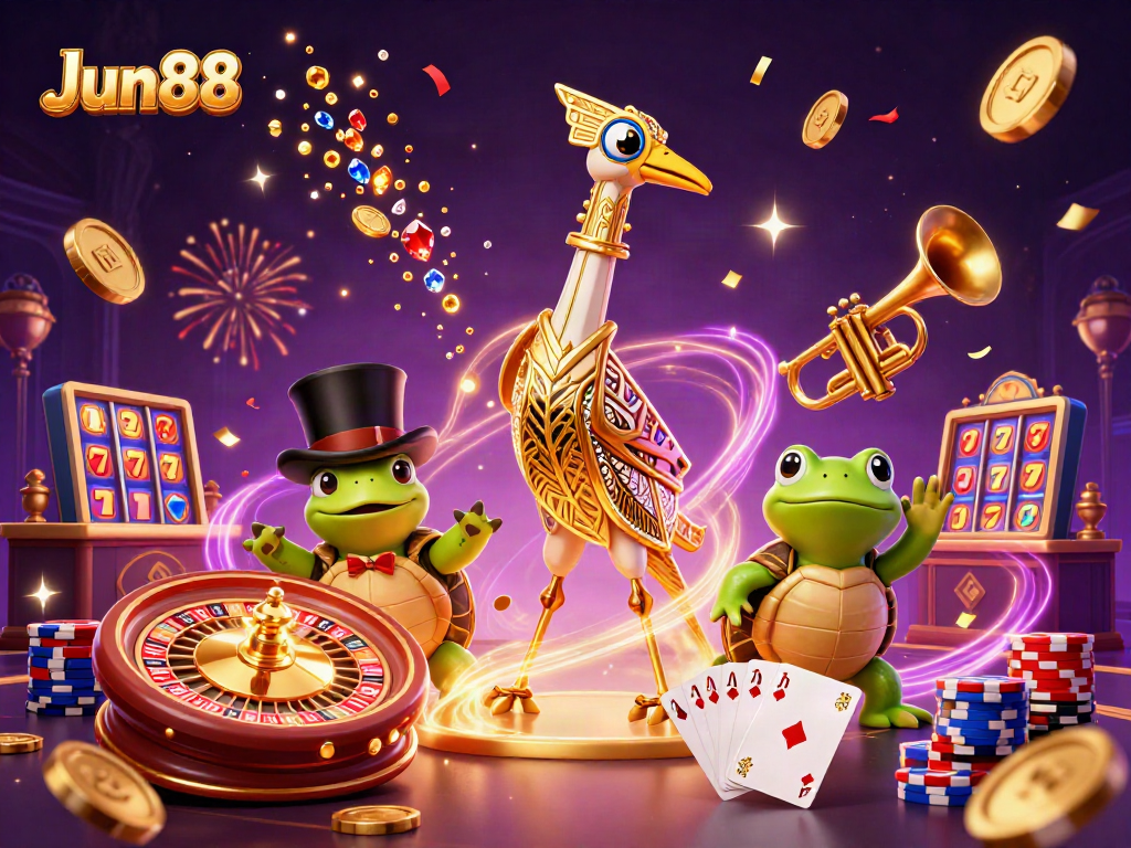 Experience thrilling wins at Jun88 with a vibrant 3D casino illustration showcasing gambling excitement.
