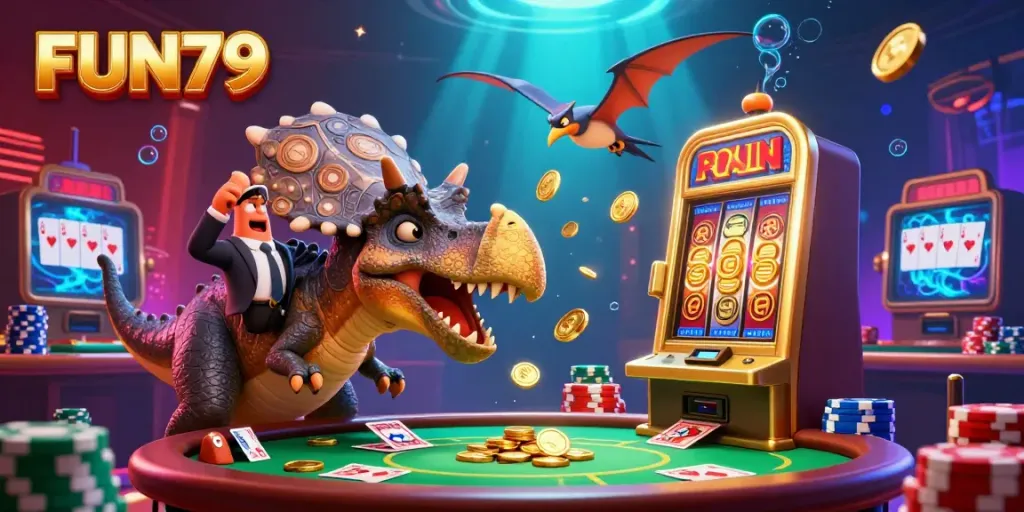 Experience FUN79's thrilling jackpot scene with a dinosaur and dynamic casino elements.