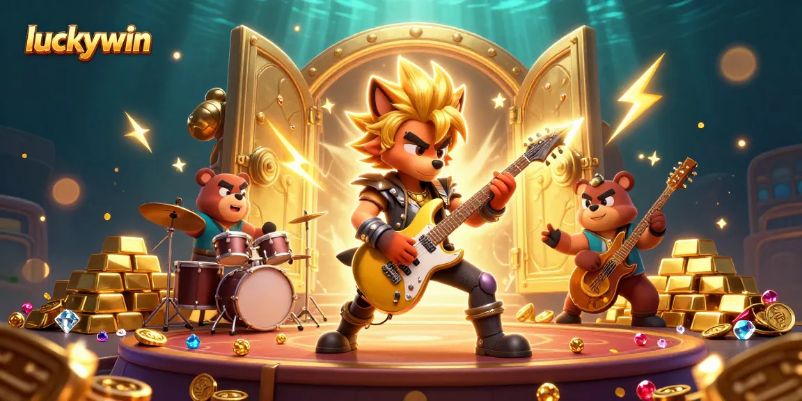 Join the action at luckywin, where cartoon rock star wolf highlights a vibrant casino scene.