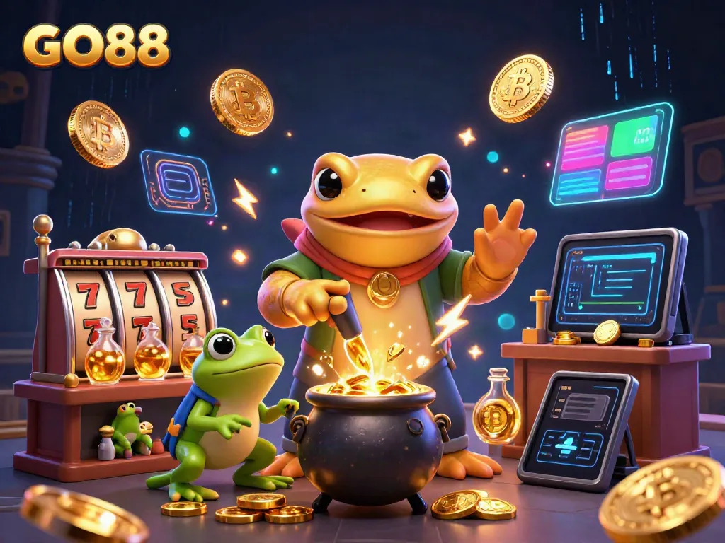 Engage with GO88 gaming hall featuring alchemy-themed characters creating wealth through slots and crypto.