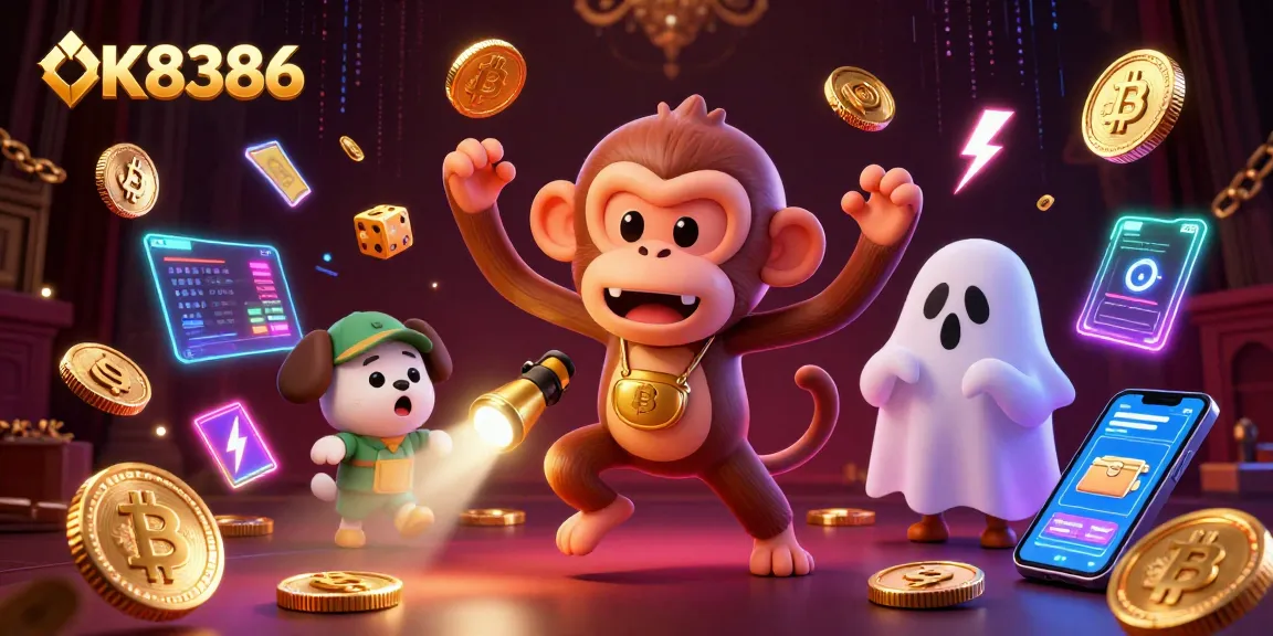 Experience the thrilling fun at OK8386 with a playful monkey juggling golden coins in a vibrant casino scene.